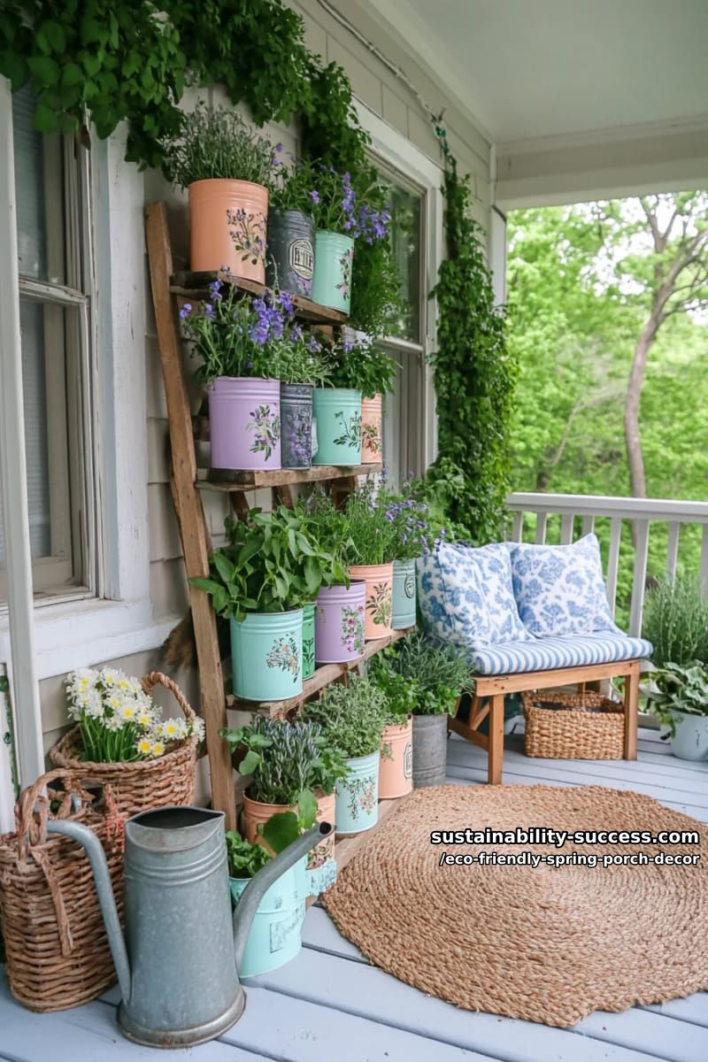 vertical herb garden using stacked tin cans painted pastel shades 1