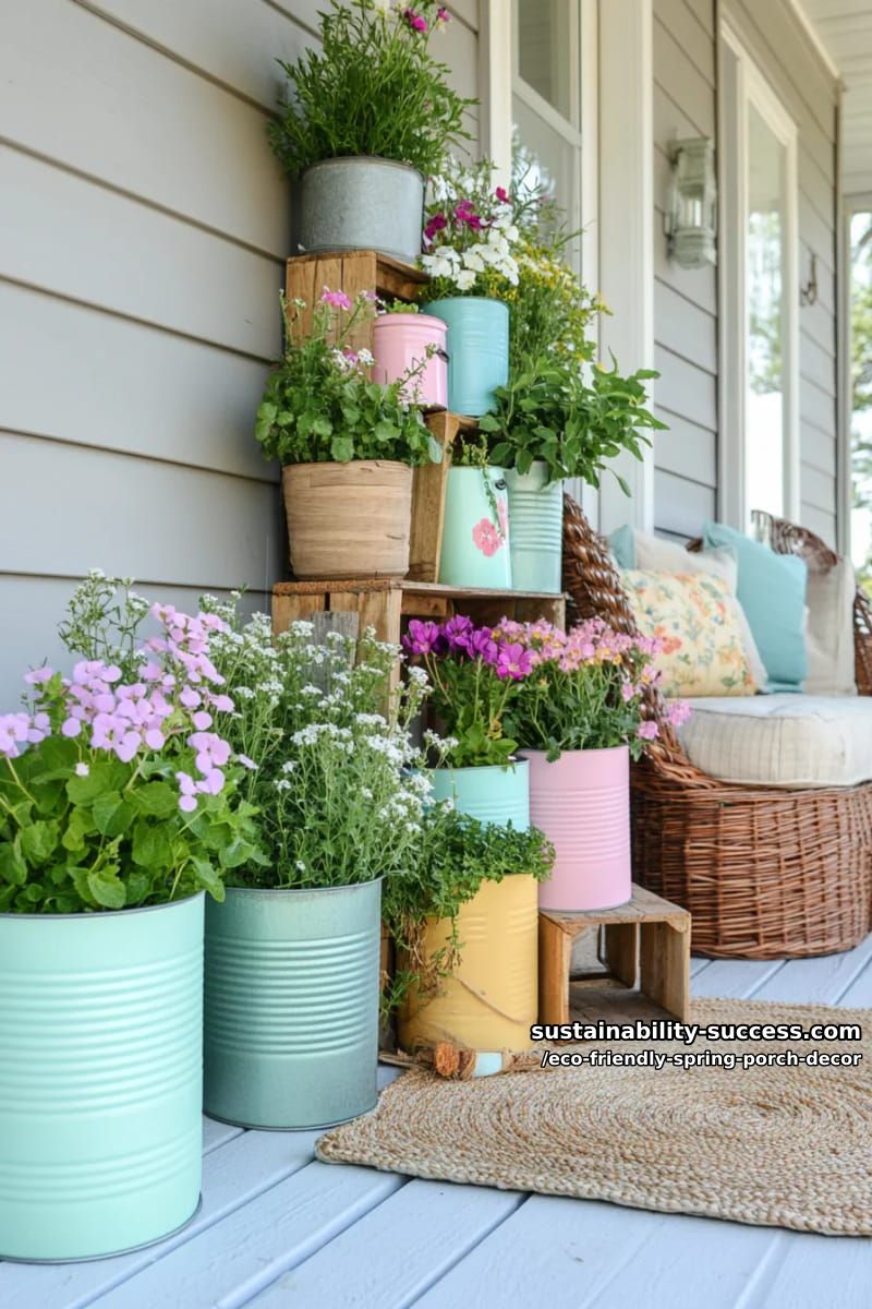 vertical herb garden using stacked tin cans painted pastel shades 4