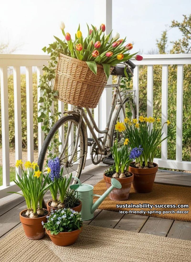 vintage bicycle basket overflowing with tulips and greenery by the door 1