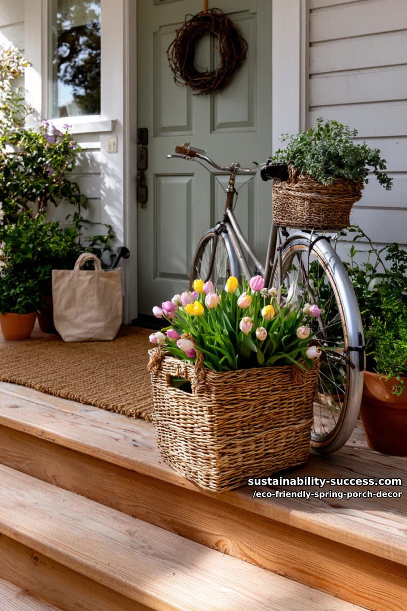 vintage bicycle basket overflowing with tulips and greenery by the door 1