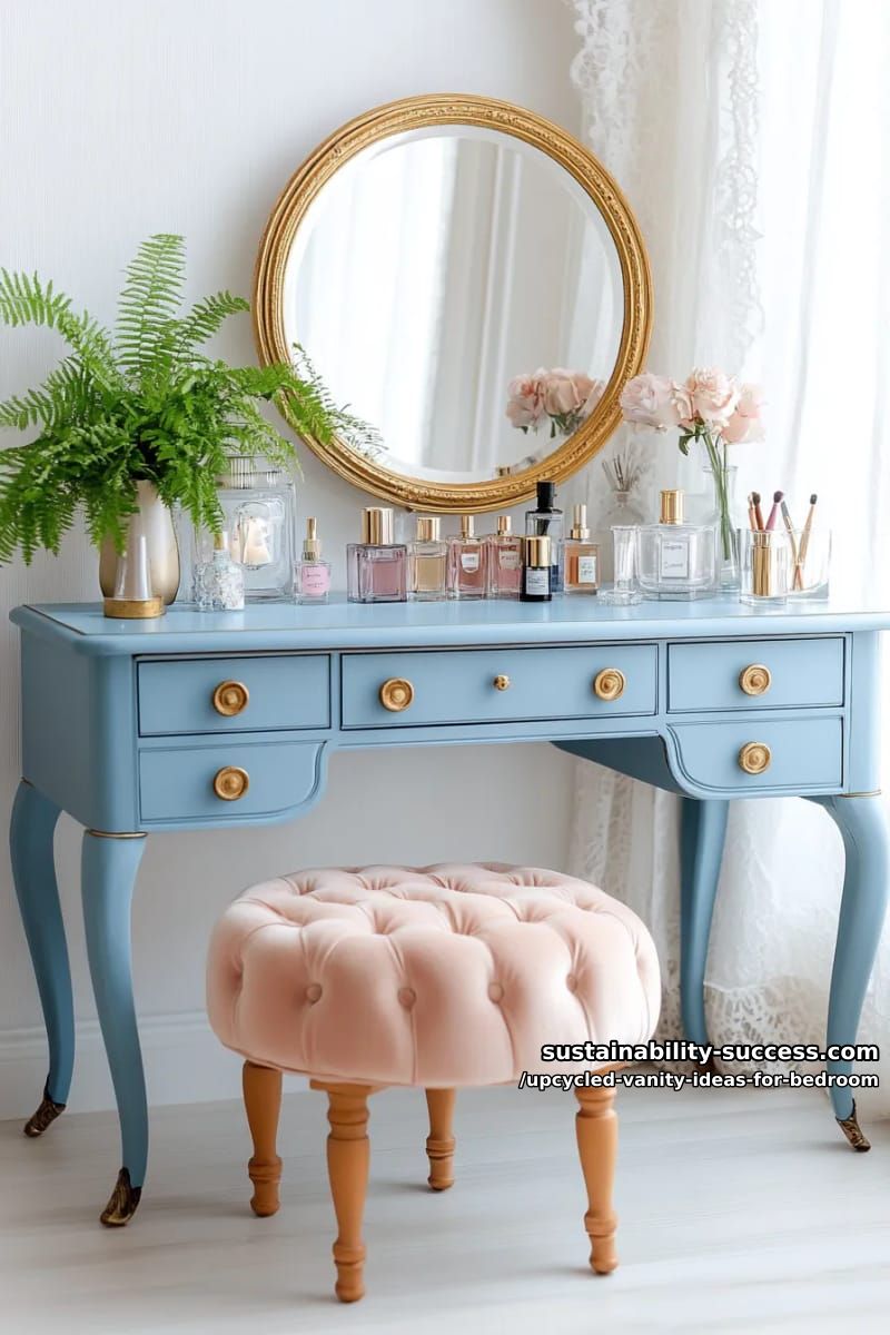 vintage desk painted pastel blue with mismatched antique drawer knobs 1