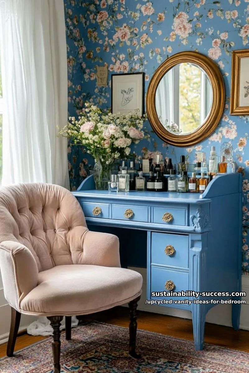 vintage desk painted pastel blue with mismatched antique drawer knobs 1