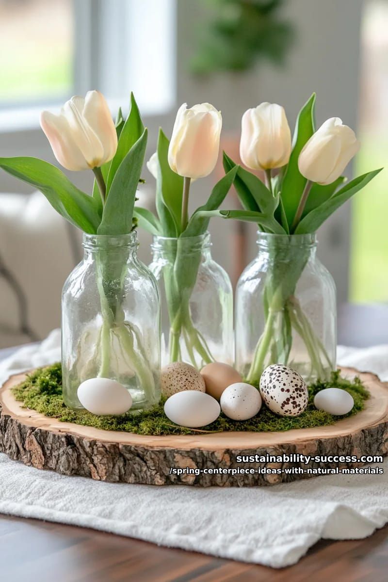 vintage milk bottles holding single tulips on a slice of wood 1