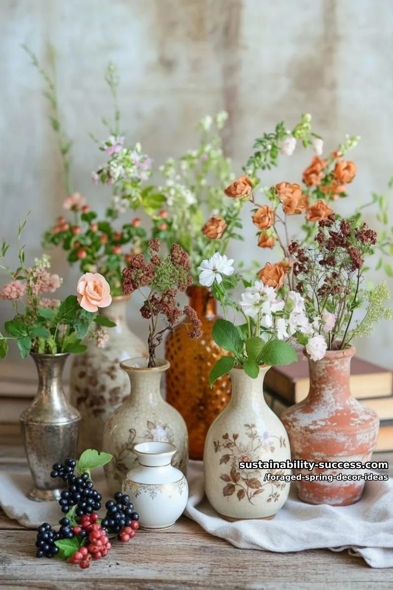 vintage vases filled with asymmetrical wild arrangements of brambles and berries 1