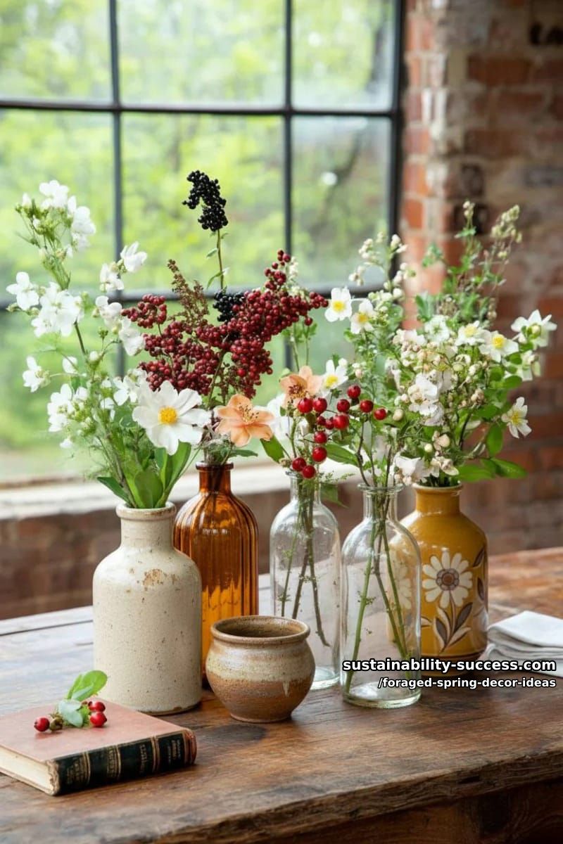 vintage vases filled with asymmetrical wild arrangements of brambles and berries 1