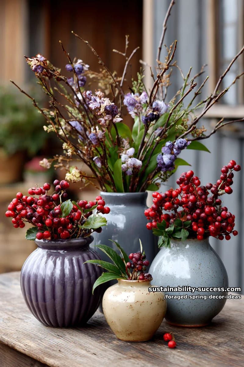 vintage vases filled with asymmetrical wild arrangements of brambles and berries 1