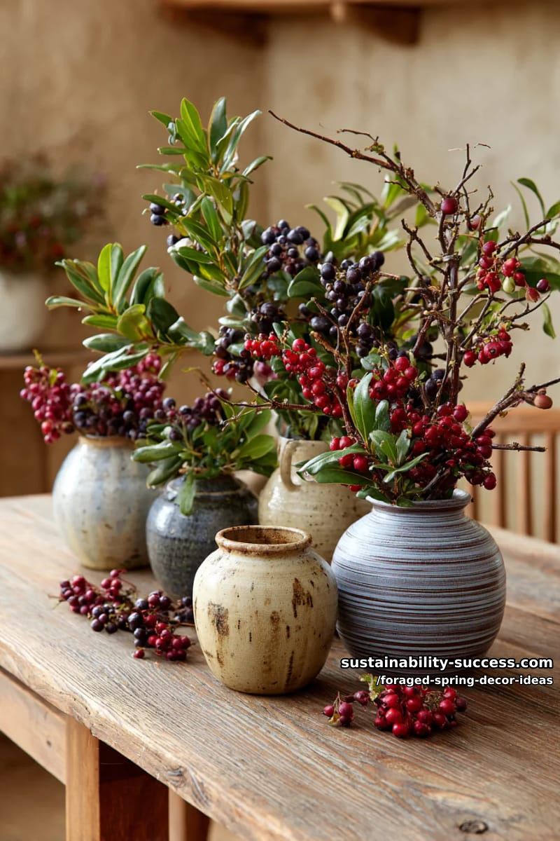 vintage vases filled with asymmetrical wild arrangements of brambles and berries 1