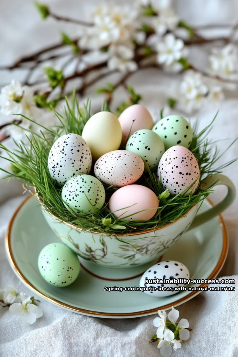 wheatgrass-filled teacup centerpiece topped with pastel eggs 1