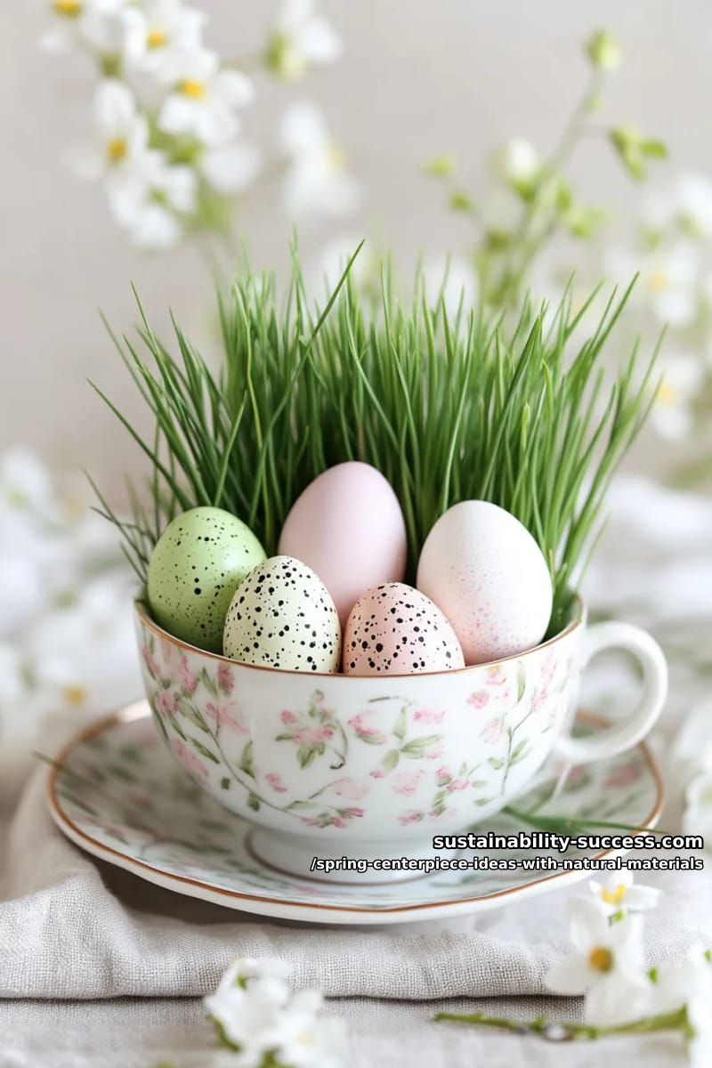 wheatgrass-filled teacup centerpiece topped with pastel eggs 1