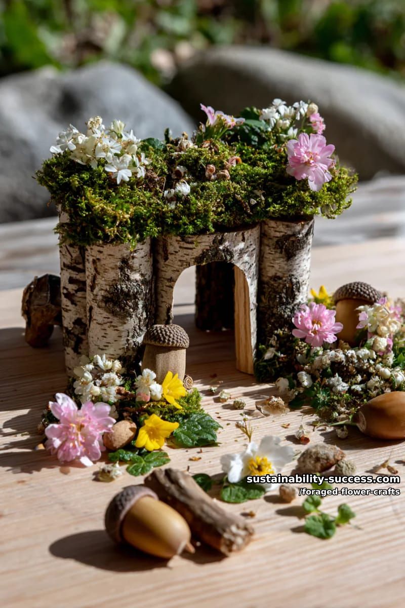whimsical fairy house collage using moss, tiny foraged blooms, and bark 1