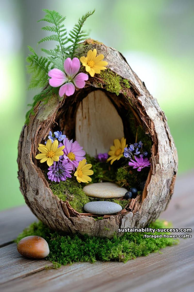 whimsical fairy house collage using moss, tiny foraged blooms, and bark 6