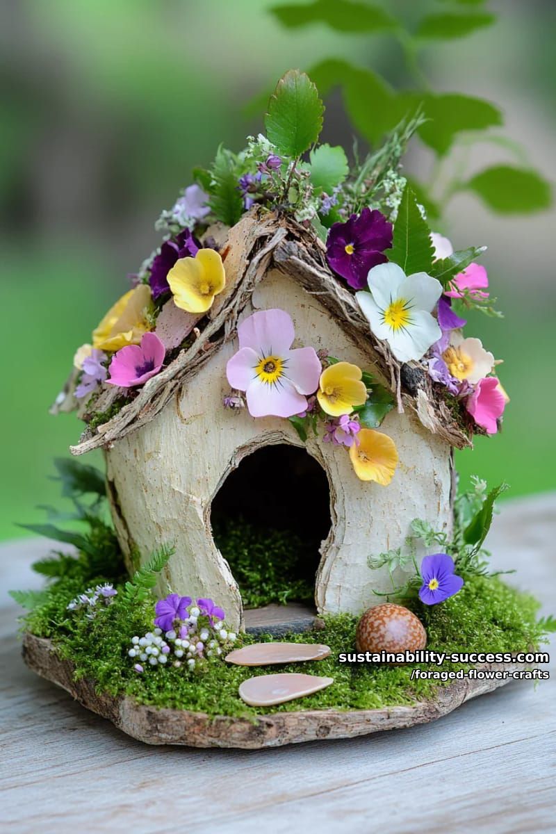 whimsical fairy house collage using moss, tiny foraged blooms, and bark 1
