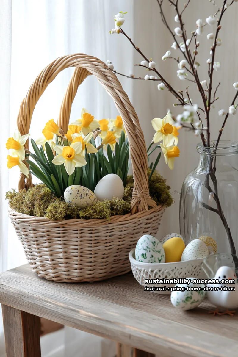 wicker baskets brimming with moss, daffodils, and painted eggs 1
