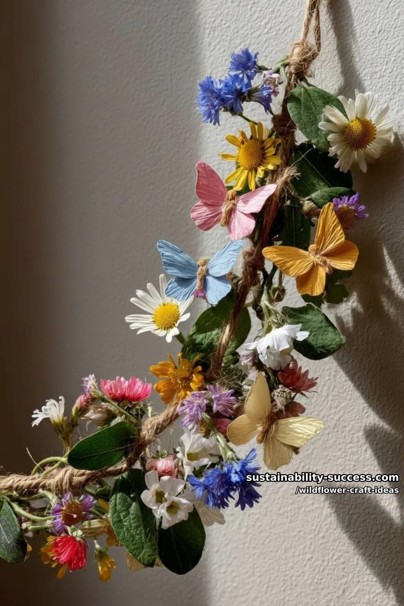 wildflower garland draped with twine and tiny paper butterflies 1