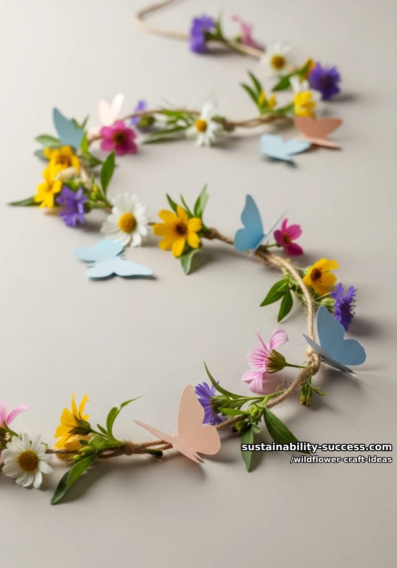 wildflower garland draped with twine and tiny paper butterflies 1