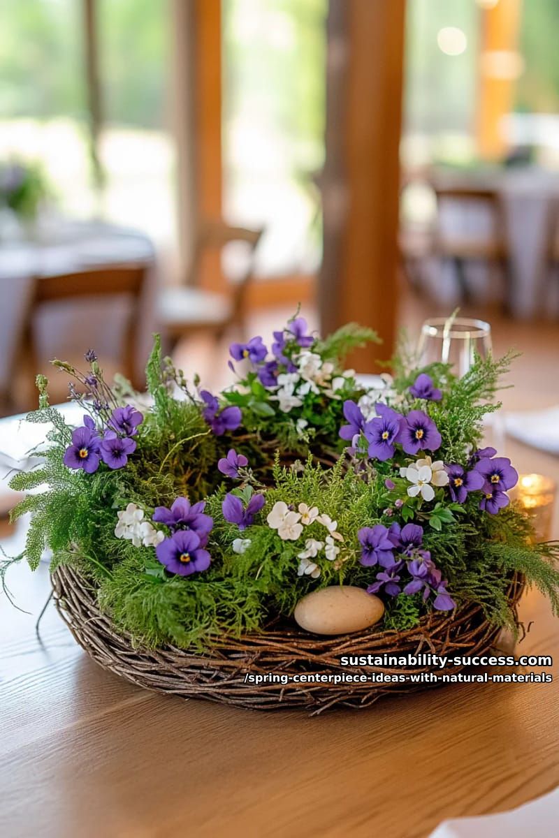 willow wreath centerpiece stuffed with moss and wild violets 1