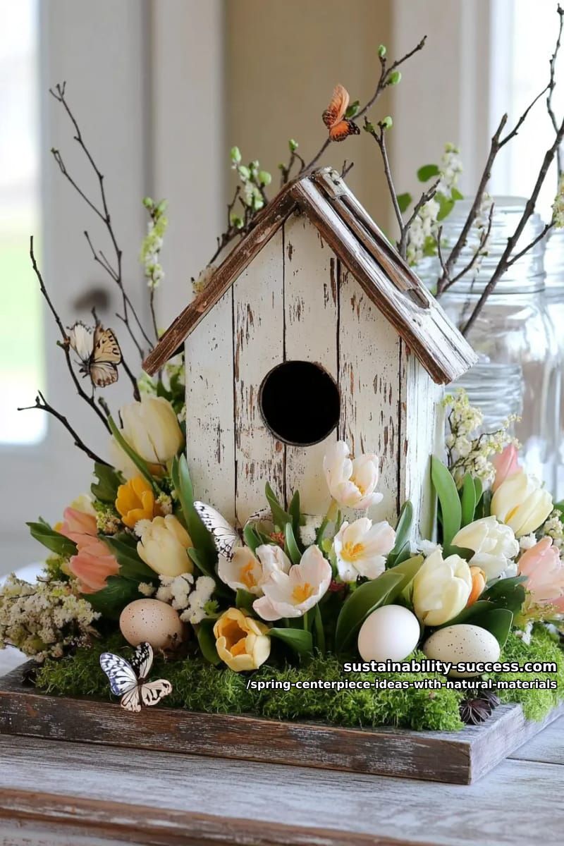 wooden birdhouse surrounded by fresh blooms and moss 1