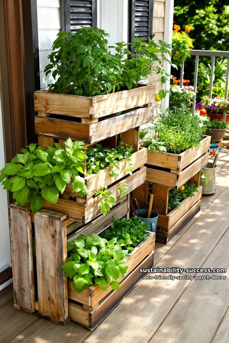 wooden crates stacked as tiered planters for organic veggies and herbs 1