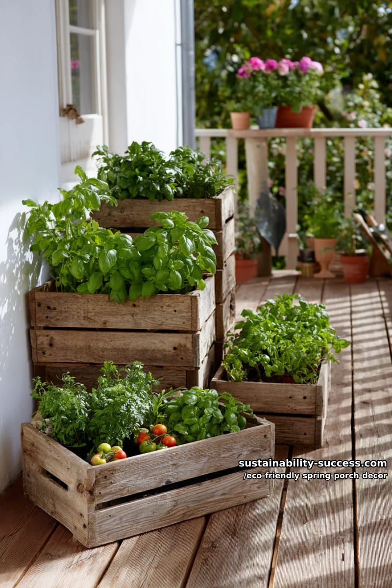 wooden crates stacked as tiered planters for organic veggies and herbs 1