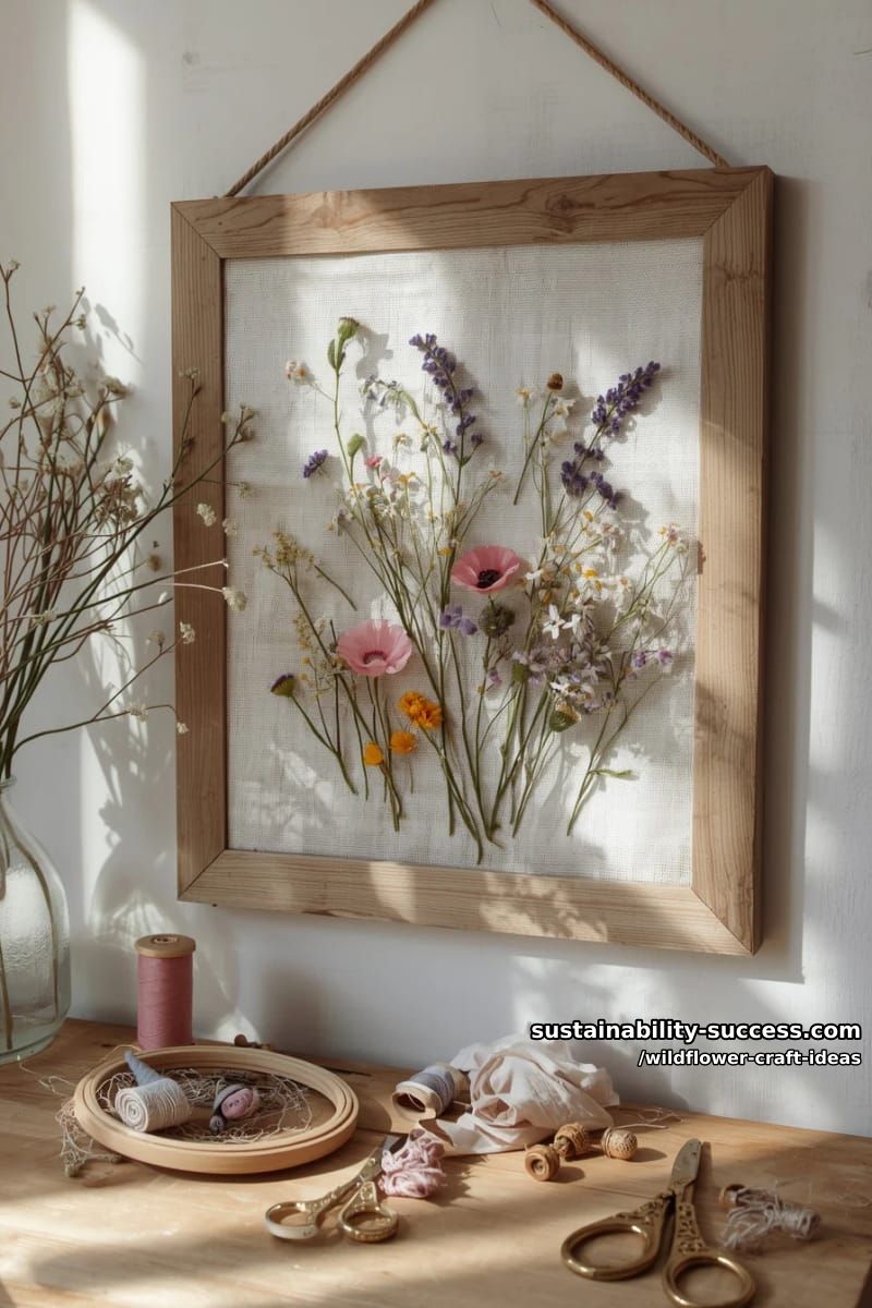 wooden wall hanging featuring wildflower embroidery and dried blooms 1