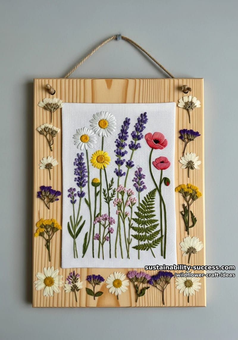 wooden wall hanging featuring wildflower embroidery and dried blooms 1