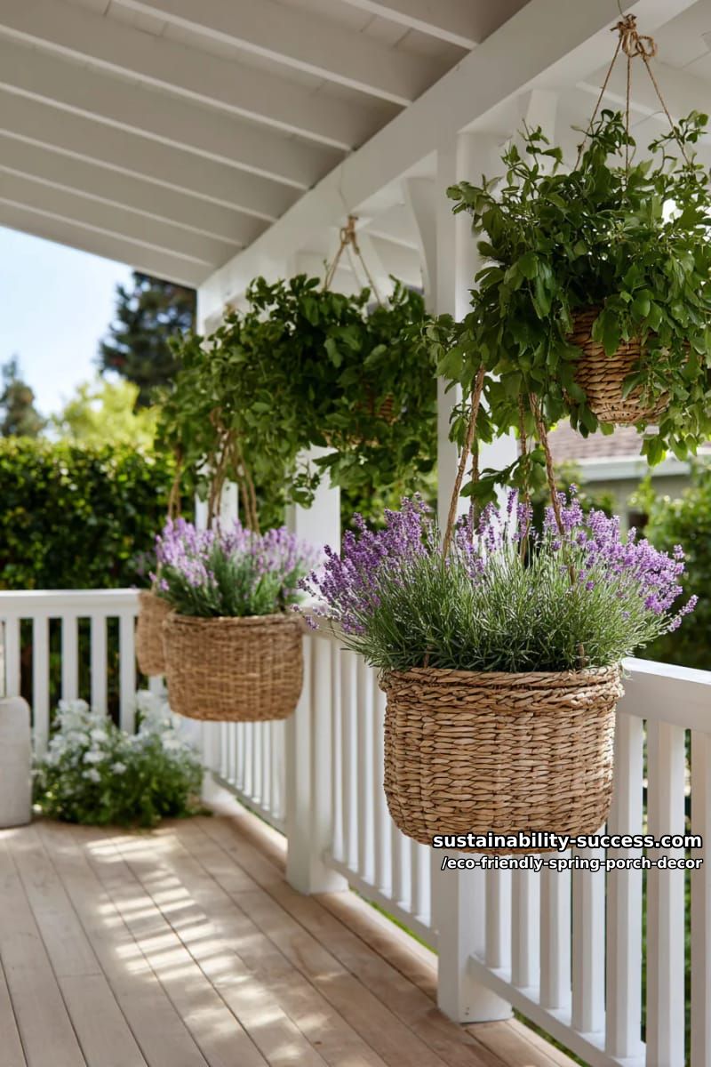 woven baskets filled with lavender and greenery suspended from porch railings 1