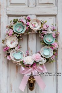 antique china plates and floral teacups wreath with pastel ribbon accents 2