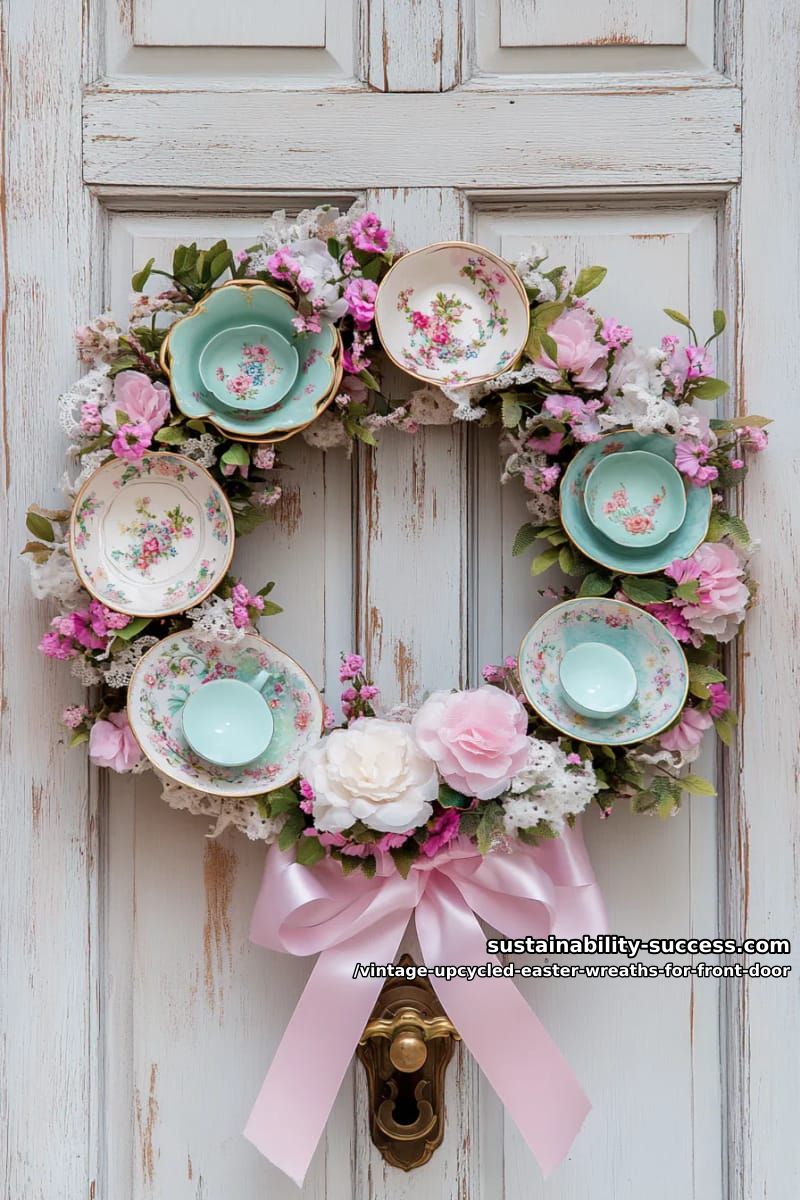 antique china plates and floral teacups wreath with pastel ribbon accents 2