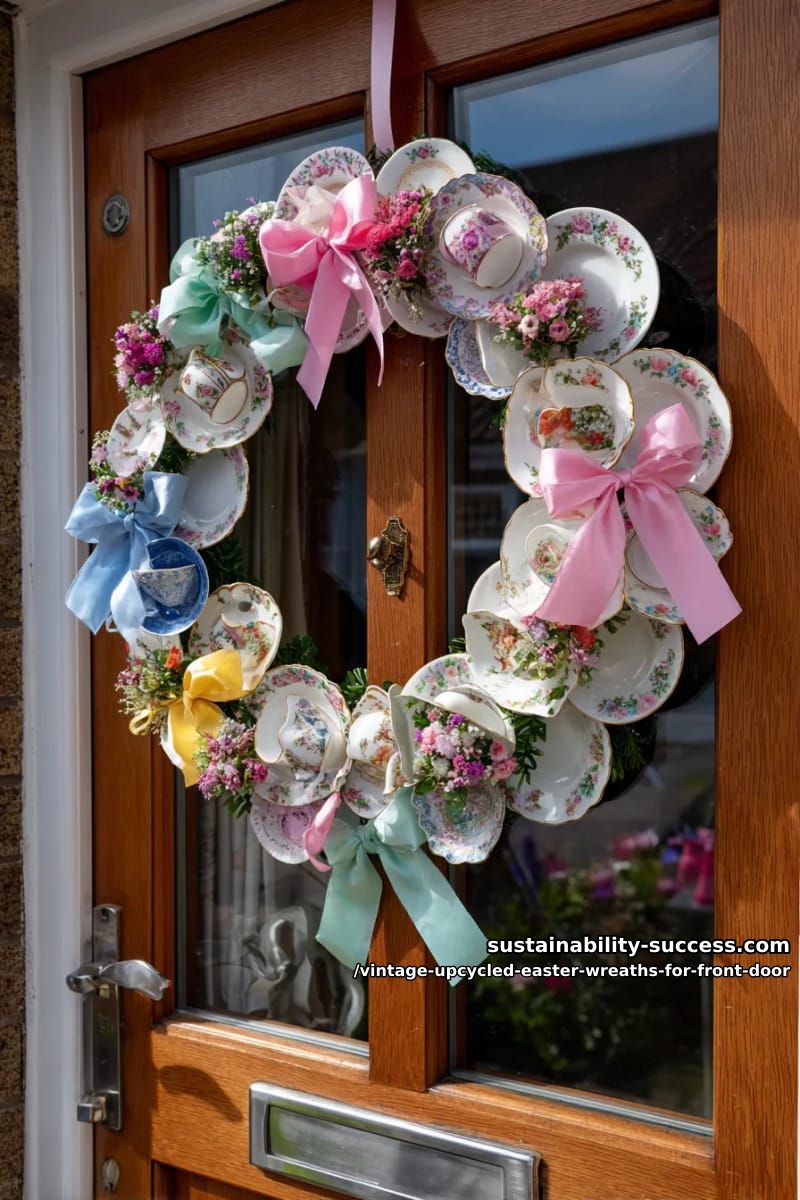 antique china plates and floral teacups wreath with pastel ribbon accents 1
