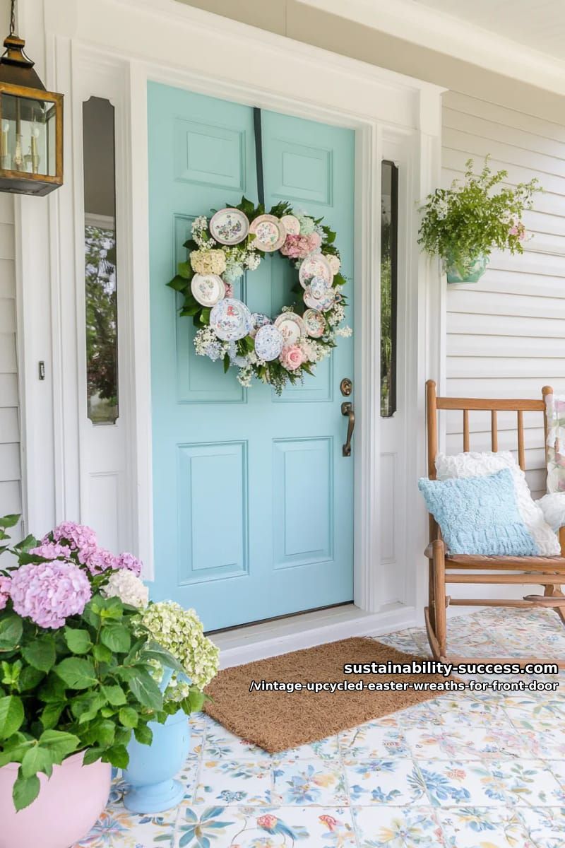 antique china plates and floral teacups wreath with pastel ribbon accents 1