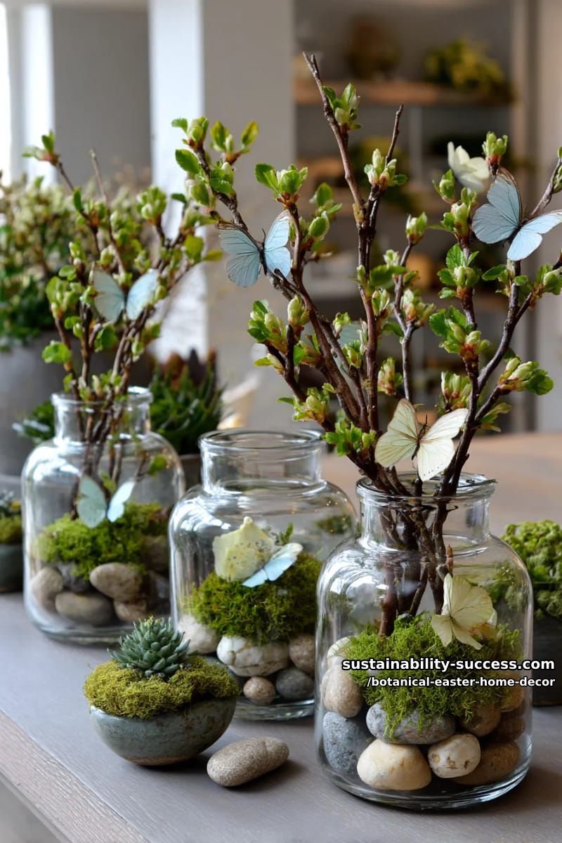 apothecary jars filled with foraged branches, faux butterflies, and mossy pebbles 1