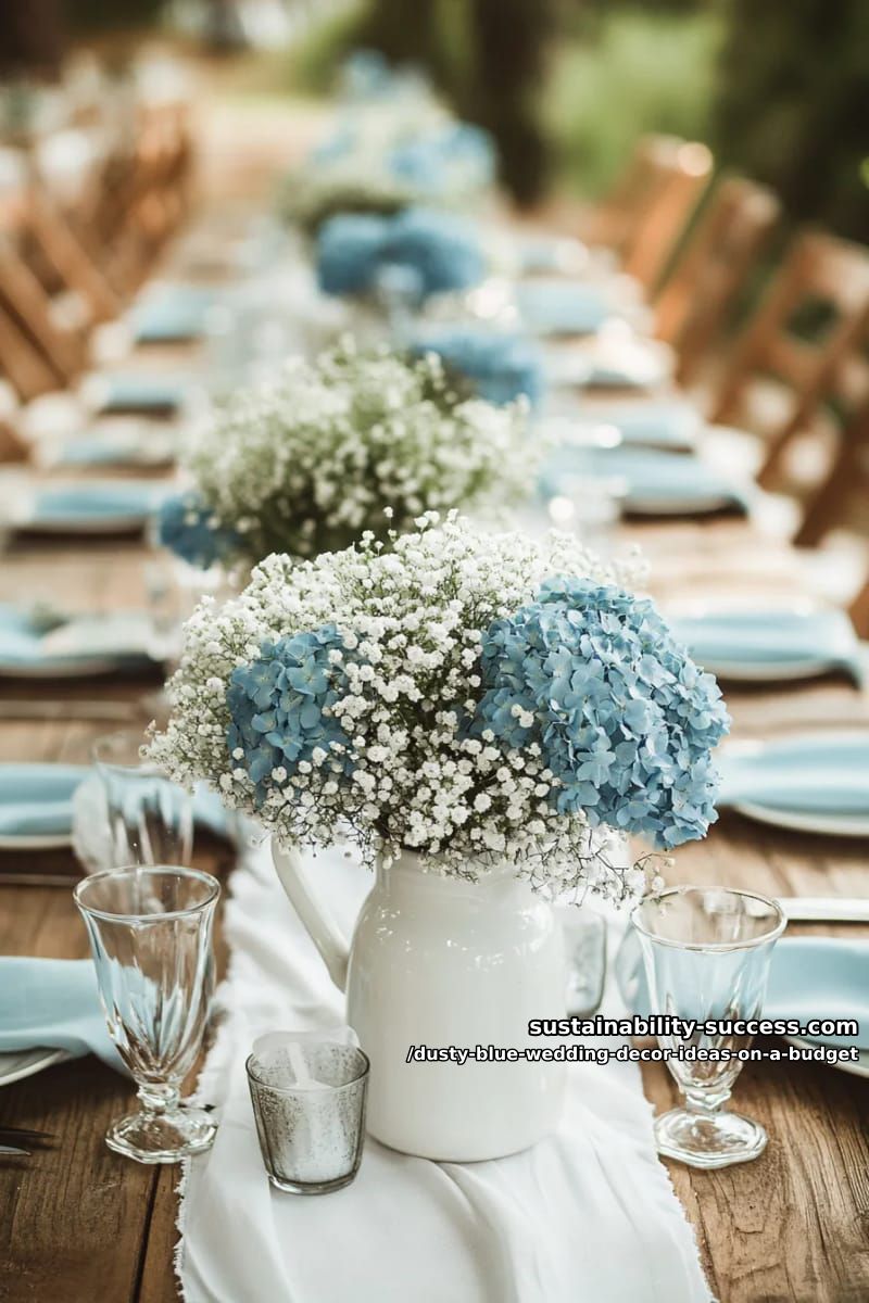 baby’s breath and blue hydrangea bunches in vintage milk jugs 1