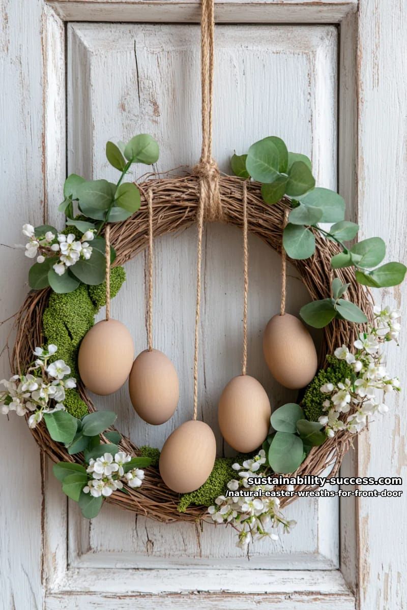 birch twig wreath with hanging wooden easter eggs and greenery 1