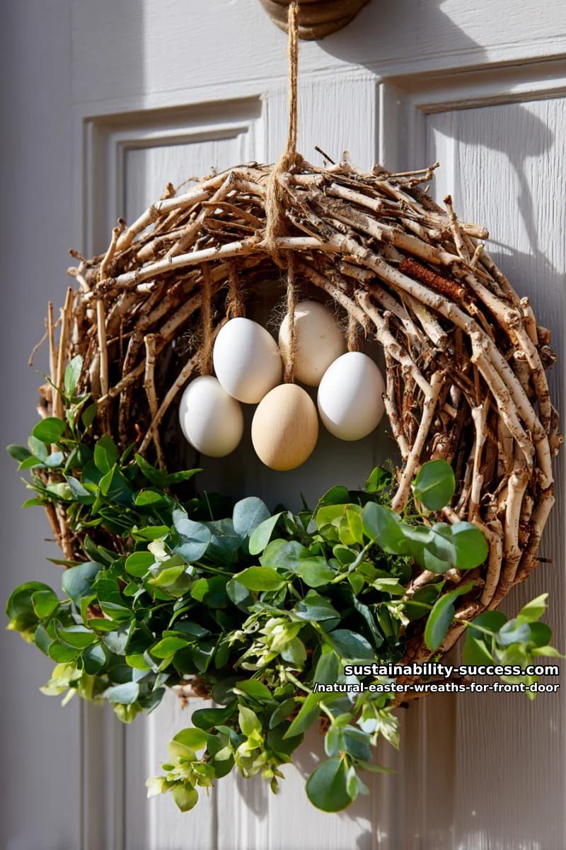 birch twig wreath with hanging wooden easter eggs and greenery 1