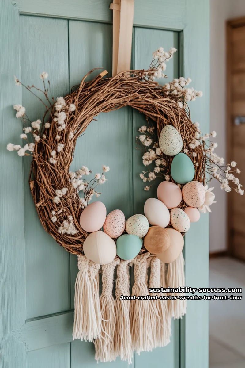 boho wreath with dried palms, pastel eggs, and macramé details 1