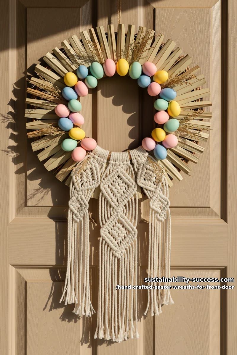 boho wreath with dried palms, pastel eggs, and macramé details 1
