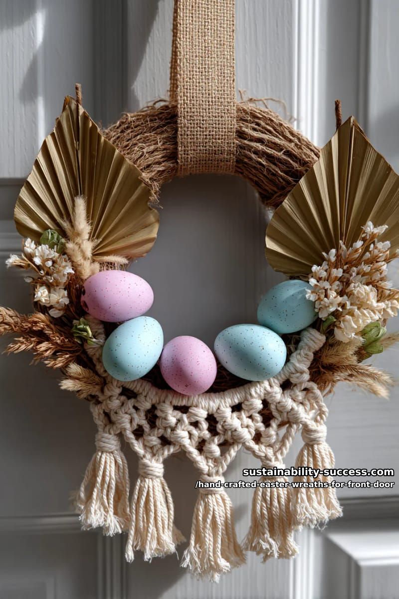 boho wreath with dried palms, pastel eggs, and macramé details 1