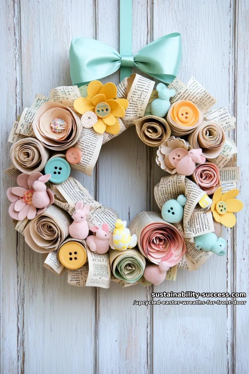 book page flower wreath accented with felt bunnies and colorful buttons 1