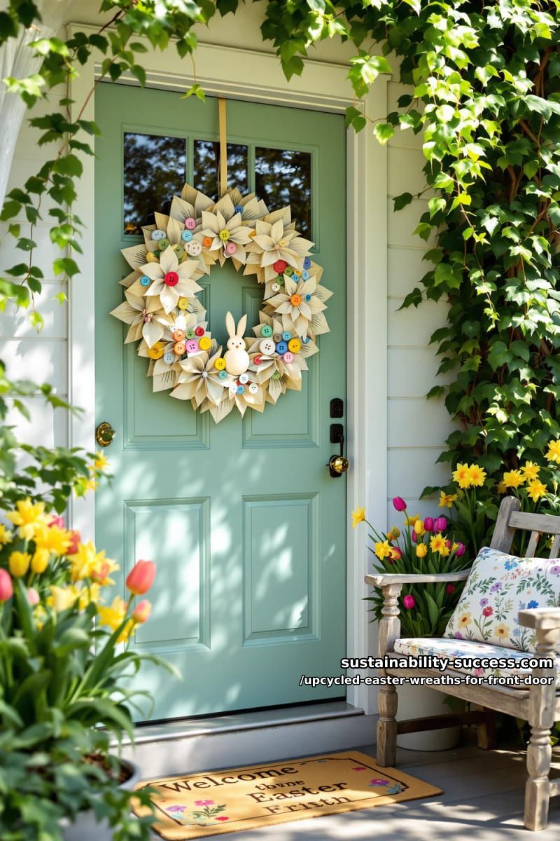 book page flower wreath accented with felt bunnies and colorful buttons 1