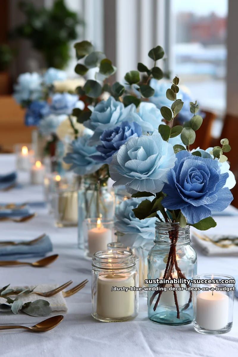budget-friendly paper flower centerpieces in various blue tones 1