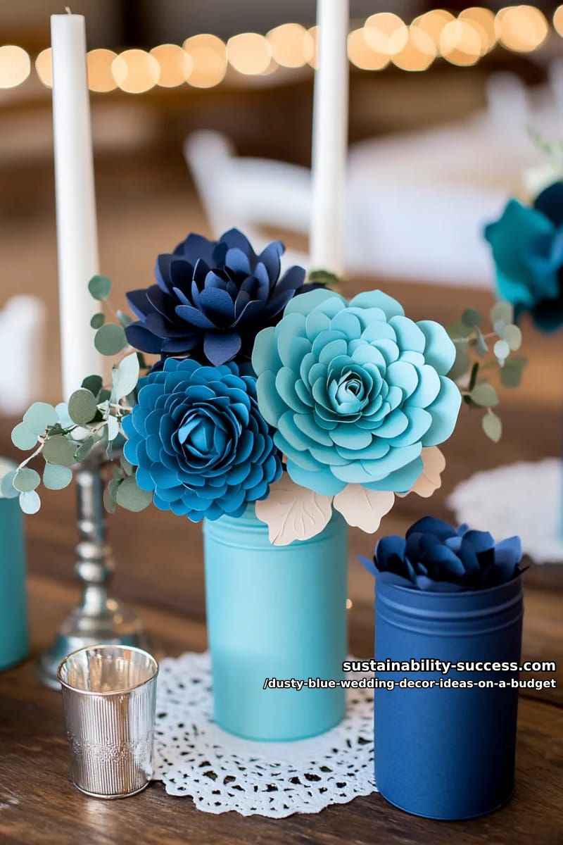 budget-friendly paper flower centerpieces in various blue tones 1