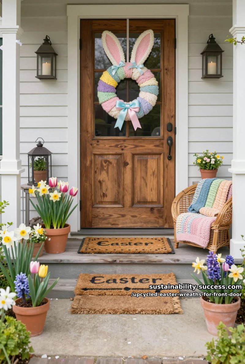 bunny-shaped wreath wrapped in upcycled sweater yarn and ribbon bows 1