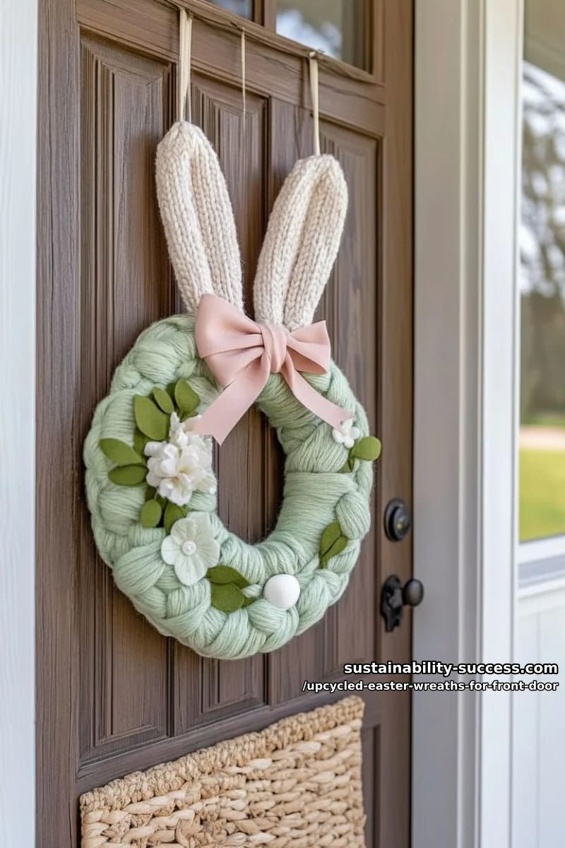 bunny-shaped wreath wrapped in upcycled sweater yarn and ribbon bows 1