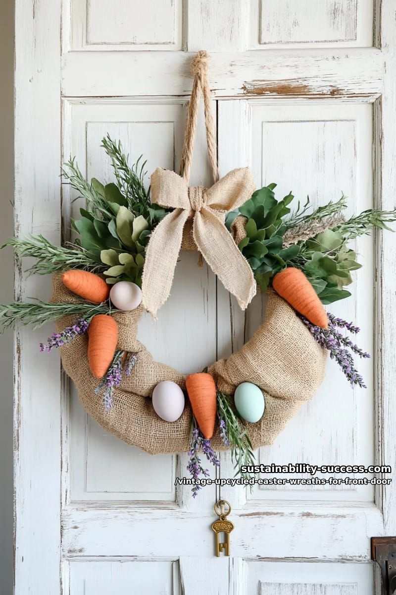 burlap and faded floral scarf wreath with rustic carrots 1