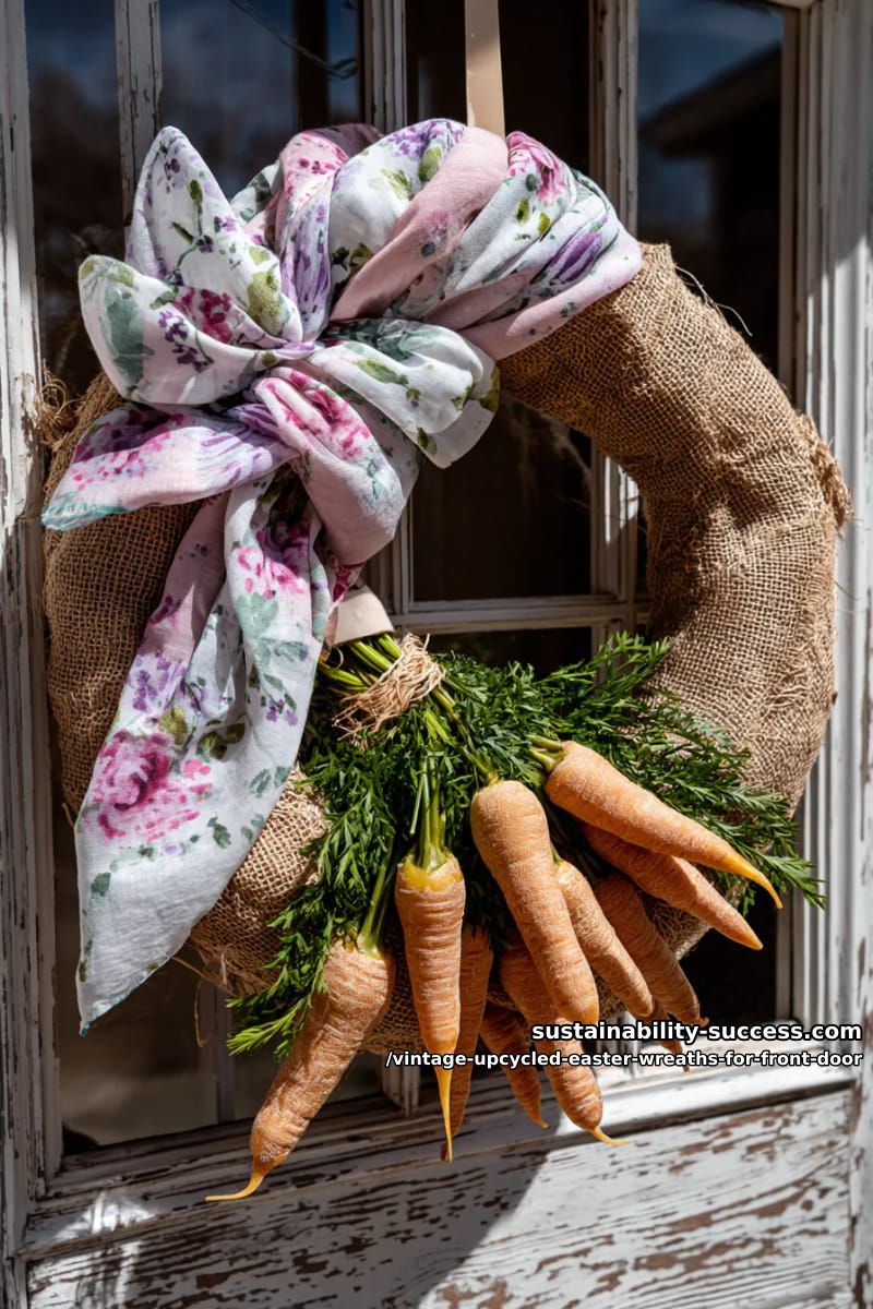 burlap and faded floral scarf wreath with rustic carrots 1