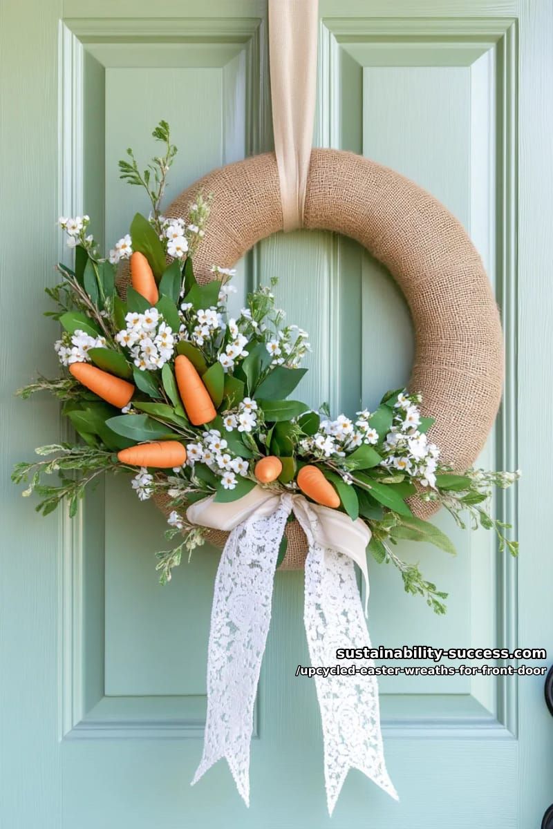 burlap-wrapped pool noodle wreath adorned with repurposed lace and carrots 1