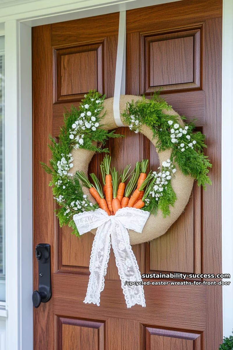 burlap-wrapped pool noodle wreath adorned with repurposed lace and carrots 1