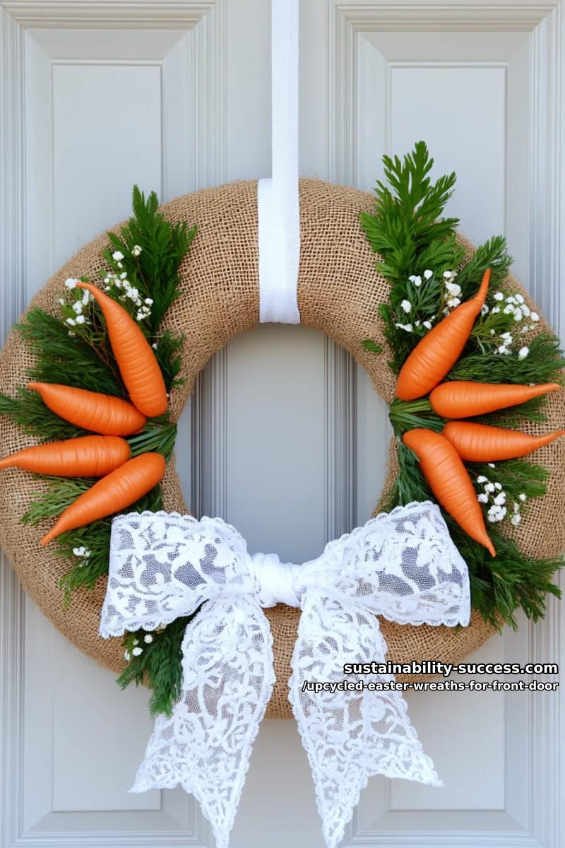 burlap-wrapped pool noodle wreath adorned with repurposed lace and carrots 1