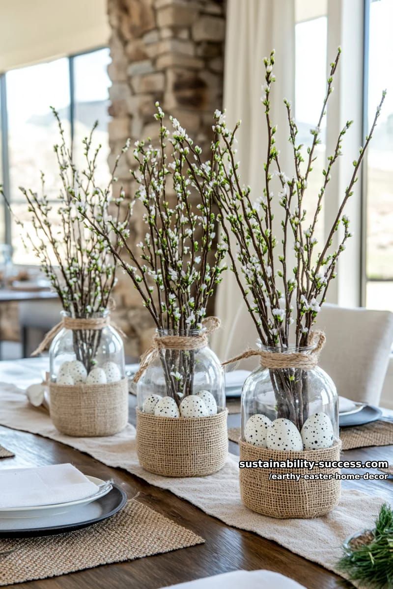 burlap-wrapped vases holding pussy willow branches and quail eggs 1