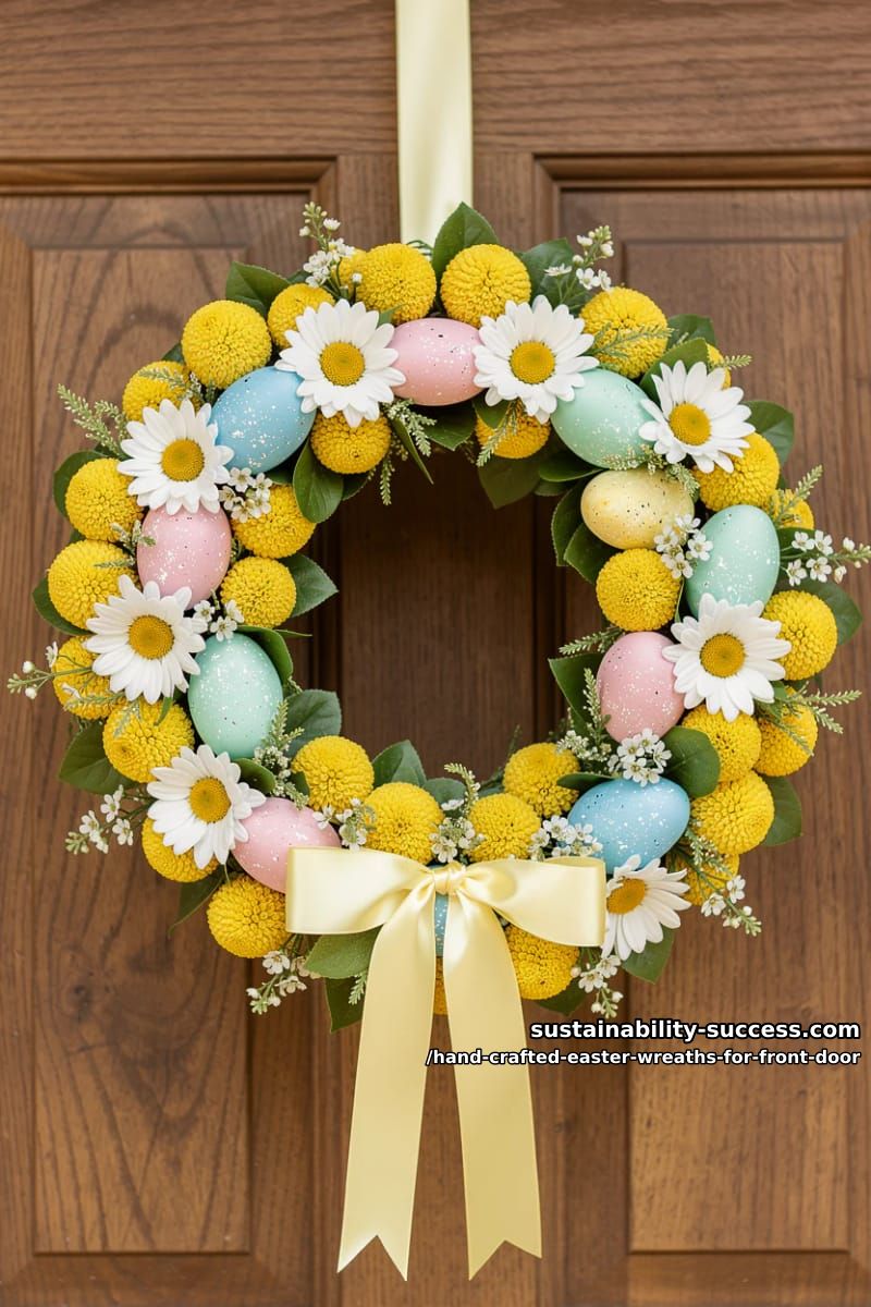 cheerful wreath of bright yellow billy balls, daisies, and painted eggs 1
